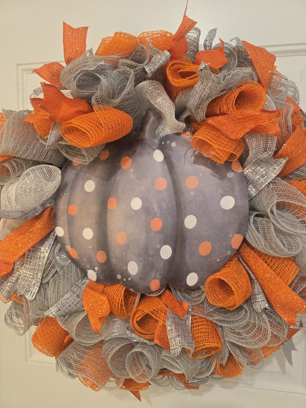 W044 - Festive Gray & Orange Pumpkin Holiday Wreath - Home Holiday Decor